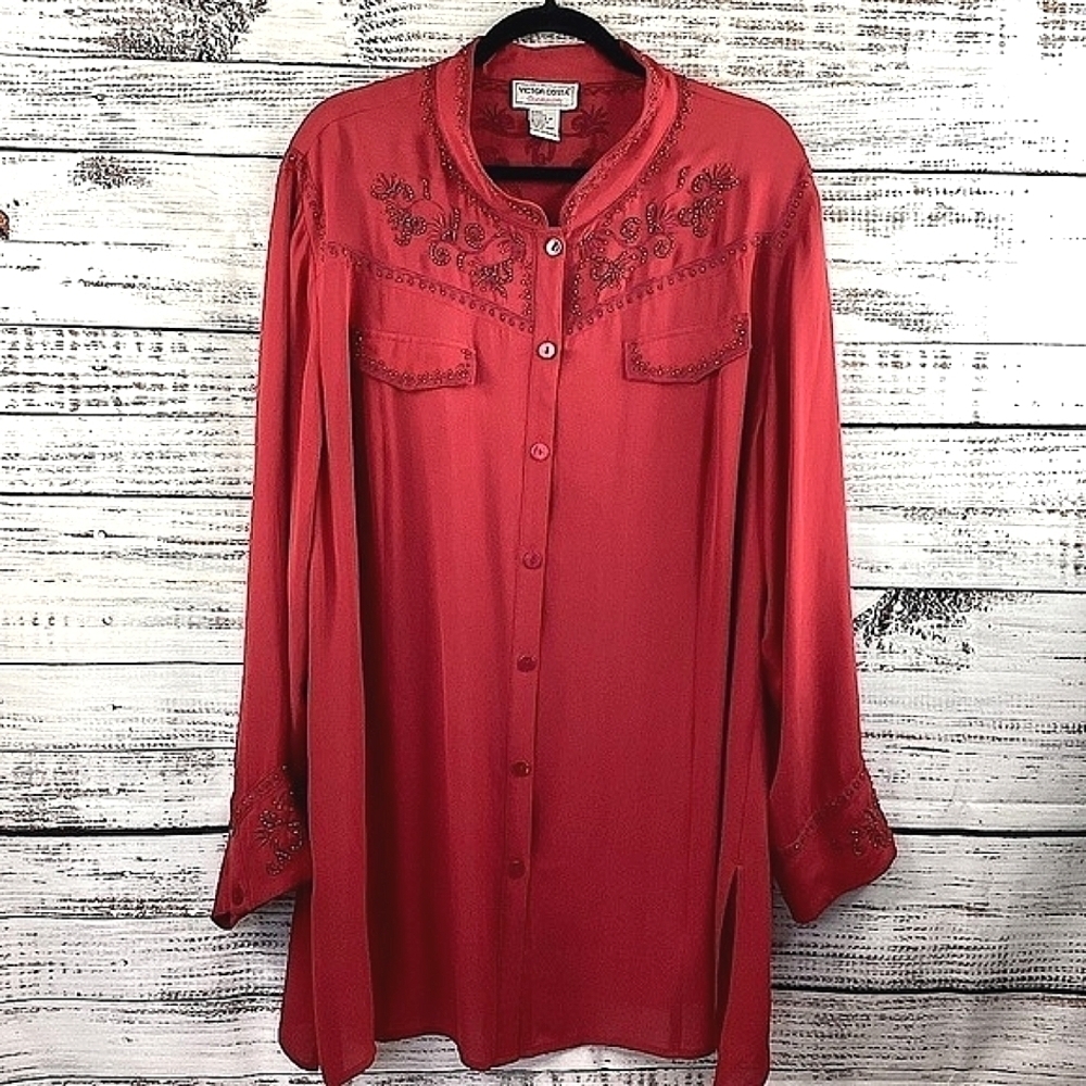 VINTAGE‎ VICTOR COSTA PLUS SIZE 2X TOP RED SILK EMBELLISHED BEAD WESTERN BLOUSE